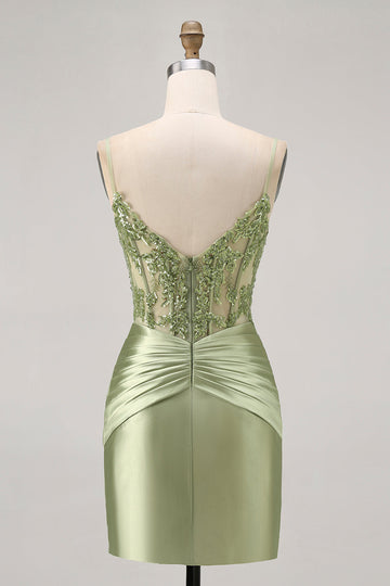 Green Strapless Corset Sequins Bodycon Short Prom Dress with Appliques